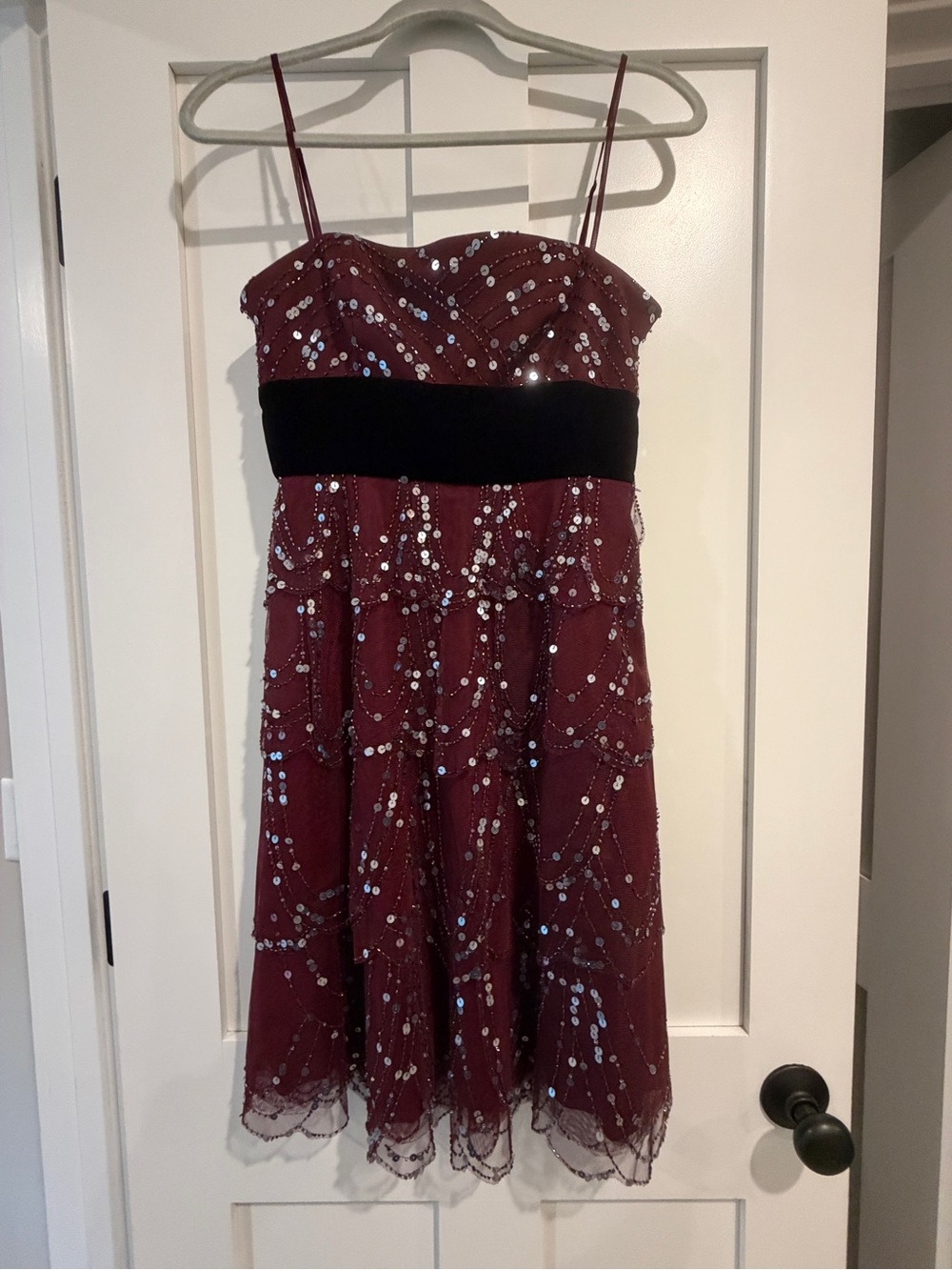 BCBGMaxAzria Burgundy Sequin Party Dress with Black Waistband